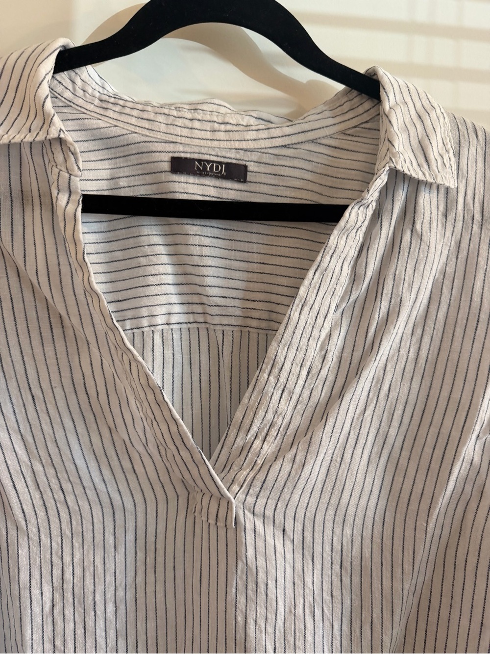NYDJ White and Blue Linen Striped Button-Down Shirt - Picture 3 of 4